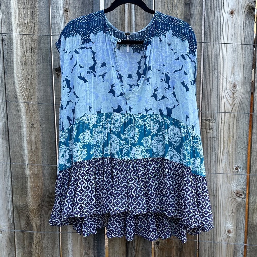 Free People Mixed-Print Tiered Tunic in Light Blue, Teal and Navy